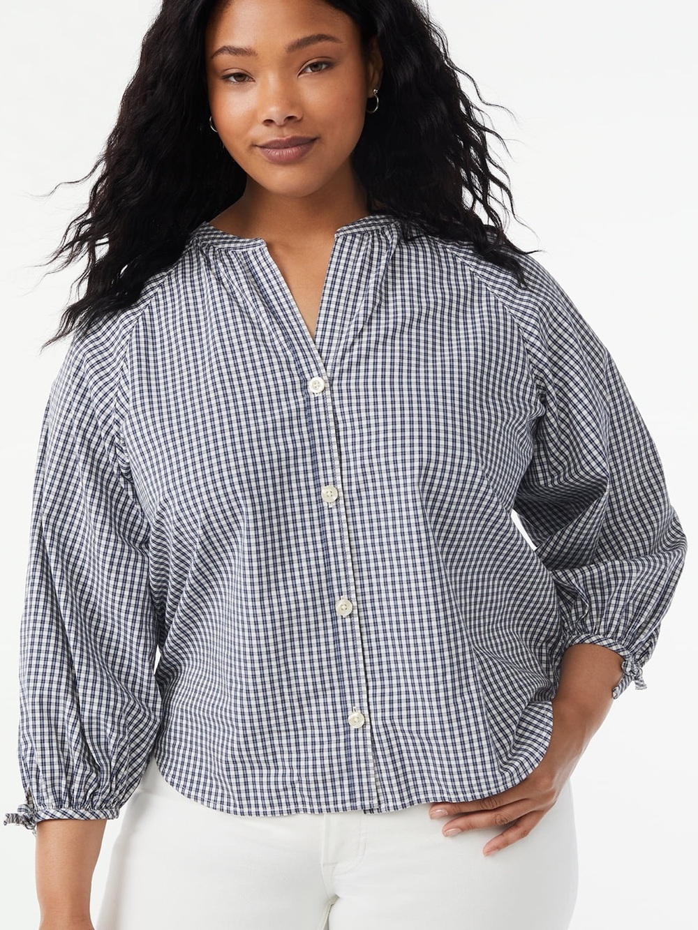 Gingham Boho Lightweight Blouse Navy White Button Down Size XS Western Cowgirl